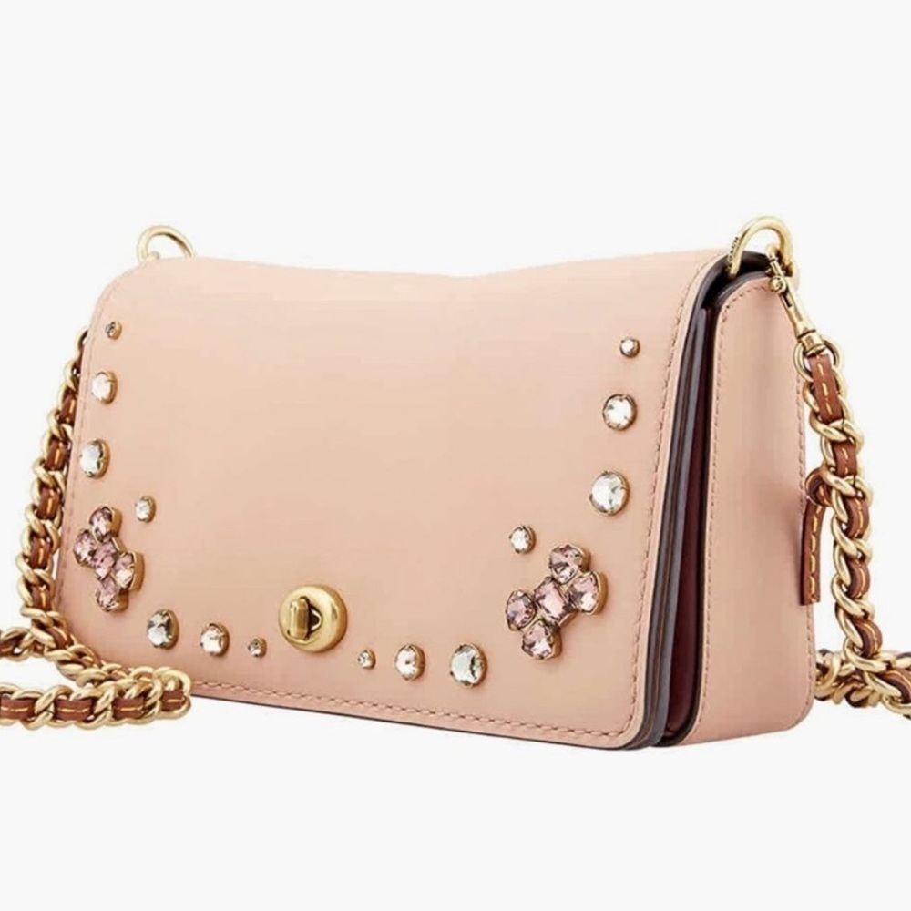 Coach Ladies Dinky Crystal Pink Leather Chain Strap Crossbody Bag Nude Pink